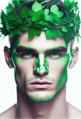 portrait of a man with green eyes and makeup in a crown mde of clovers and flowers, spring or saint patrick's day celebration, Generative AI