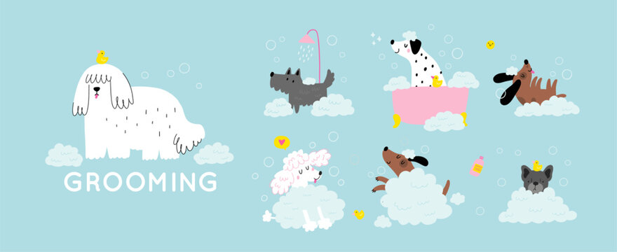 Cute cartoon dog Happy Grooming. Pet washing service flat vector illustration. Happy bathing pet 