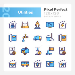 Public utilities pixel perfect RGB color icons set. Water, gas and electricity supply. House heating system. Isolated vector illustrations. Simple filled line drawings collection. Editable stroke