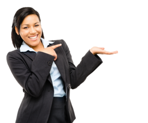 PNG of a young businesswoman holding her hands aloft isolated on a PNG background.