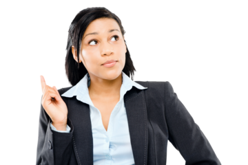 PNG  of a young businesswoman looking up as she gets an idea isolated on a PNG background.