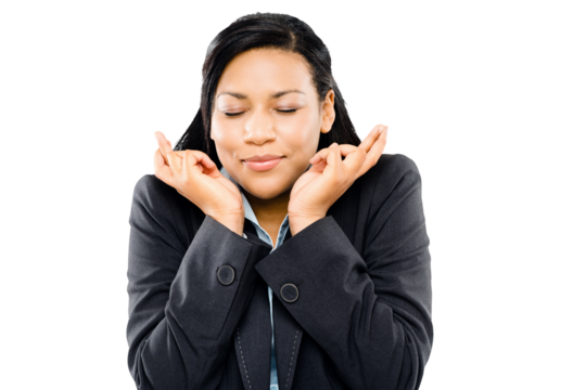 PNG of a young businesswoman crossing her fingers in hope isolated on a PNG background.