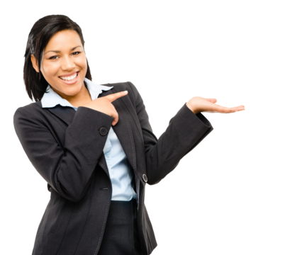 PNG of a young businesswoman holding her hands aloft isolated on a PNG background.