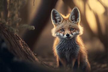 Little Fox in beautiful forest created with Generative AI