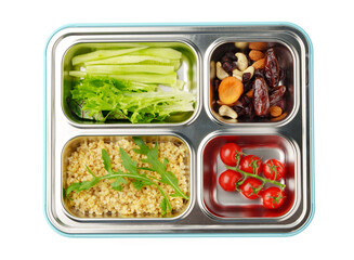 Healthy food delivery in take away box on white background