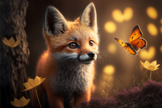 Little Red Fox in forest watching butterfly created with Generative AI