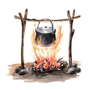 Bonfire with a pot. Cooking food on campfire. Hand drawn watercolor illustration isolated on white background