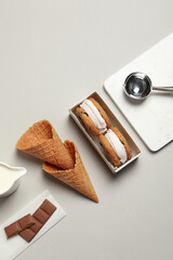 Concept of sweet food, cookies with ice cream, top view