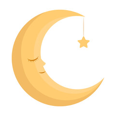 Cute sleeping crescent moon with star, vector illustration. Cartoon drawing of lullaby element for children isolated on white background. Bedtime, childhood, decoration concept © Bro Vector