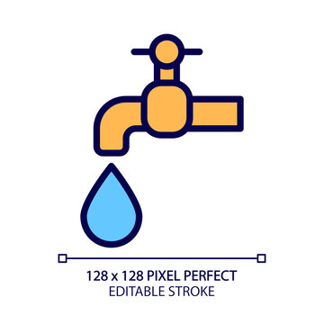 Water supply pixel perfect RGB color icon. Domestic usage. Drinking water distribution. Public utility service. Plumbing. Isolated vector illustration. Simple filled line drawing. Editable stroke