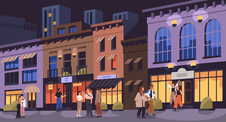 Night city life concept. Young people, friends walking along urban streets. Men, women, youth hanging out outdoor in evening, nighttime. Cityscape in midnight, weekend. Flat vector illustration © Good Studio