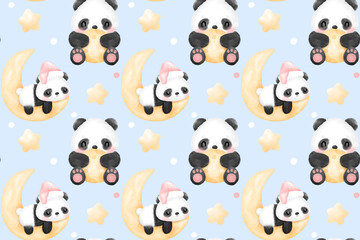 Fototapeta premium Cute Panda Watercolor Seamless Patterns
