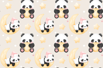 Obraz premium Cute Panda Watercolor Seamless Patterns