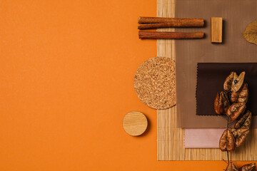 Flat lay of creative moodboard composition, space for text