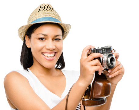 PNG of a Beautiful mixed race woman taking photograph vintage camera isolated on a PNG background.