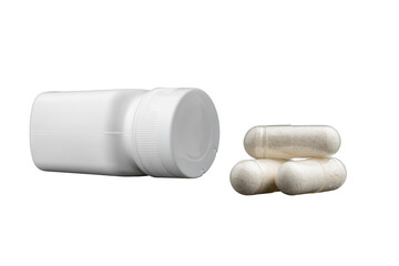 White medical capsules or pills for treatment and plastic bottle isolated on transparent background, medicine and healthcare concept, close-up view