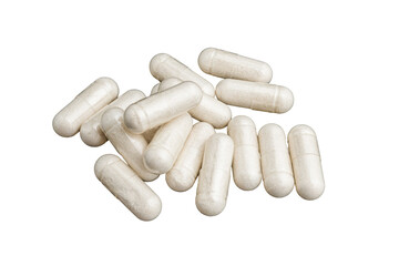 White medical capsules or pills for treatment isolated on transparent background, medicine and...