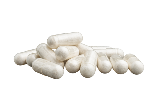 White medical capsules or pills for treatment isolated on transparent background, medicine and healthcare concept, close-up view