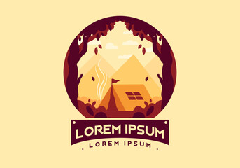 Colorful flat illustration of outdoor camping in the forest with mountain view