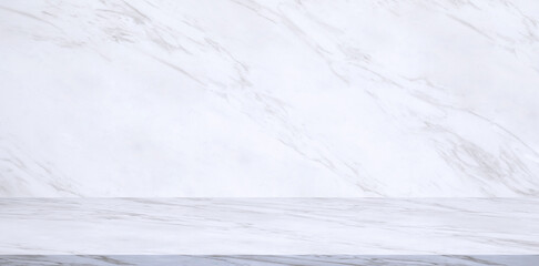 Background of empty white marble tabletop with studio wall room in panoramic view for well editing montage display product and text present on free space backdrop