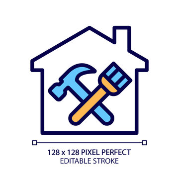 Overhaul pixel perfect RGB color icon. Building revision and restoration. Renovation service. Hammer and paintbrush. Isolated vector illustration. Simple filled line drawing. Editable stroke