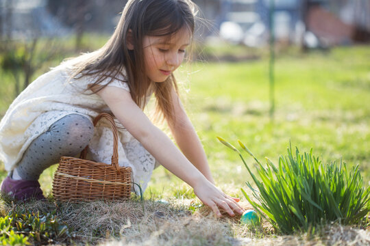 spring fun - finding eggs for easter outdoor in countryside. child looks and takes egg on sunny day. hunt in backyard.