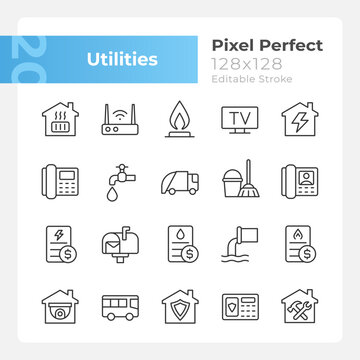 Public utilities pixel perfect linear icons set. Water, gas and electricity supply. House heating system. Customizable thin line symbols. Isolated vector outline illustrations. Editable stroke