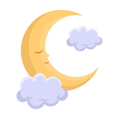 Cute good night yellow crescent in the clouds for kids, vector illustration. Cartoon drawing of lullaby element for children isolated on white background. Bedtime concept