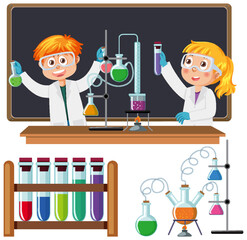 Scientist kids doing chemical experiment