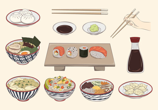 Asian Food Illustrations Vector