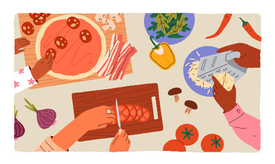 Cook process, above top view. Family hands cooking pizza together, preparing home dish from food ingredients, cheese, tomato, bacon, meat. Homemade eating preparation. Flat vector illustration