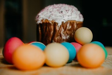 Fototapeta na wymiar Easter cake with colorful painted eggs for Easter