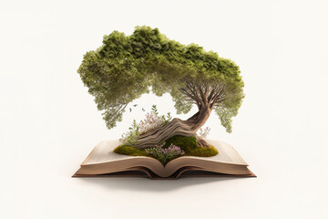 Tree growing from an open book. National reading day. Sustainable education and environment concept. Generative AI