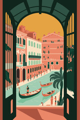 flat vector gondola venice grand canal italy city attraction background - obrazy, fototapety, plakaty