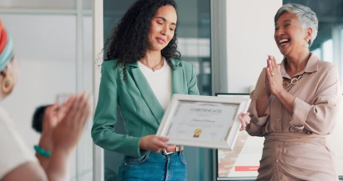 Applause, paper and success with business woman in meeting for goal, thank you and winner. Celebration, praise and promotion with business people and certificate for support, achievement and branding