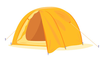 Modern oval orange tourist tent standing with open tent vestibule isolated, camping equipment travel illustration
