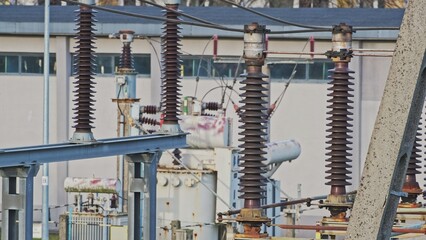 High Voltage Electric Power Grid Ceramic Insulators at Transformer Substation