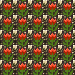 Vector seamless pattern with bright flowers with leaves on dark background.