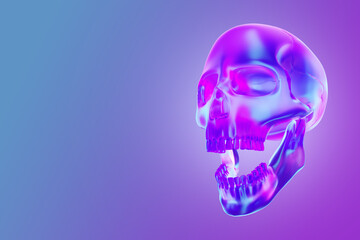 A lilac pearlescent glass skull. Copy Space, 3D rendering, 3D illustration.