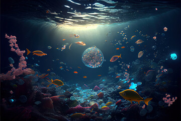 Fototapeta na wymiar Plastic in water, polluted ocean underwater, marine ecologic concept
