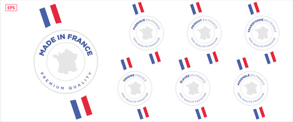 set badge logotype of Made in France origin guarantee with tricolor ribbon and flag on white background, modern certificate logo for packaging design