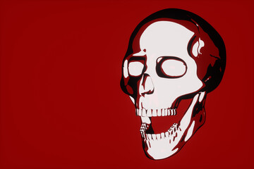 A red human skull on a red background. Concept demon, hell, possession, ghost, Satan, devil, temptation. Copy space, 3D rendering, 3D illustration.
