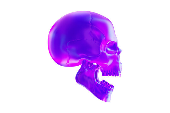 A lilac pearlescent glass skull. Copy Space, 3D rendering, 3D illustration.
