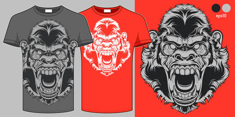 ferocious angry gorilla monkey face hand drawn illustration, graphic t-shirt, tattoo, cartoon stickers, street art, comic textile artwork for fabric print, clothes, bag © kirkchai