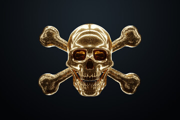 The golden skull and bones on a dark background are the pirates' insignia. Copy Space, 3D rendering, 3D illustration.