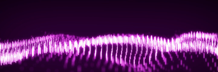 Abstract dynamic wave flow of vertical purple glow lines on a dark background. Digital wave background concept. Big data visualization. 3D rendering.