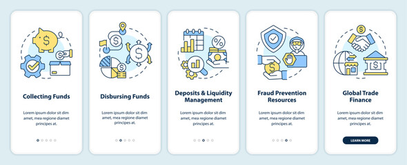 Treasury management services onboarding mobile app screen. Walkthrough 5 steps editable graphic instructions with linear concepts. UI, UX, GUI template. Myriad Pro-Bold, Regular fonts used