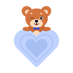Fototapeta na wymiar Cute teddy bear peeking out from behind heart, cartoon character vector illustration. Comic bear with blue elements for scrapbook or decoration, baby gender reveal