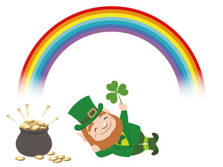 Vector St. Patrick’s Day Symbol Illustration With A Leprechaun, A Rainbow, And A Pot Of Gold Isolated On A White Background. 
