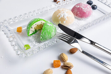 Delicious mochi close-up. Traditional Japanese dessert
